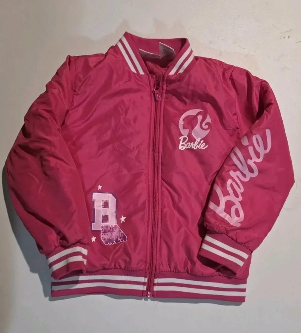Barbie Bomber Jacket Girls 7/8 Button Up Varsity 59 Pink Youth Kids Coat